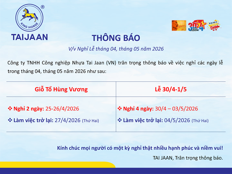 THÔNG BÁO V/V NGHỈ LỄ THÁNG 04, THÁNG 05 NĂM 2026